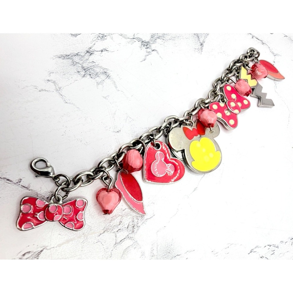 Disney Minnie Mickey Silver Plated Charm Bracelet Pink Yellow Hearts Boxed 6"